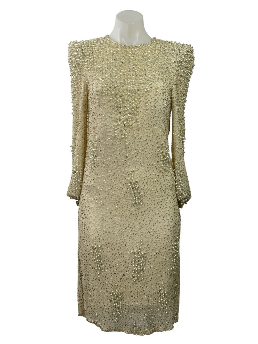Vintage Judith Ann Creations Cream Silk Beaded Long Sleeve Mini Sheath Dress XS